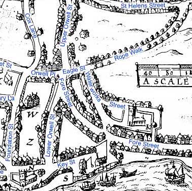 Ipswich Historic Lettering:  Fore Street / rampart map1610 detail